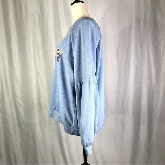 Aerie crewneck sweatshirt flounce gathered sleeves sequin PARTY sky blue XL - Picture 4 of 8
